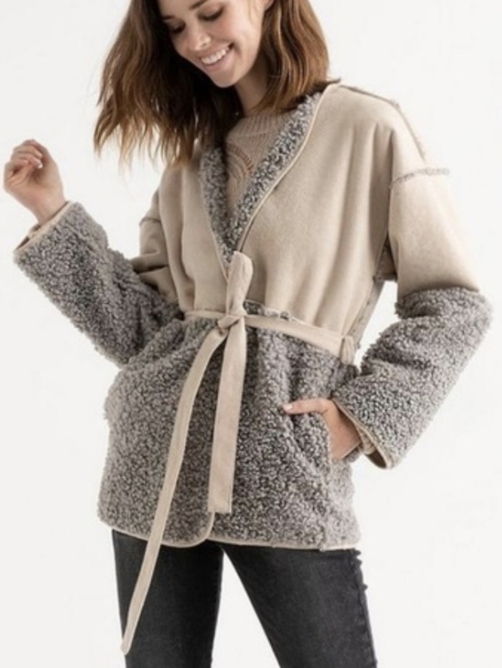 New Condition Lucky Brand Medium Sherpa Mixed Panel Coat Jacket Tan Gray NWOT